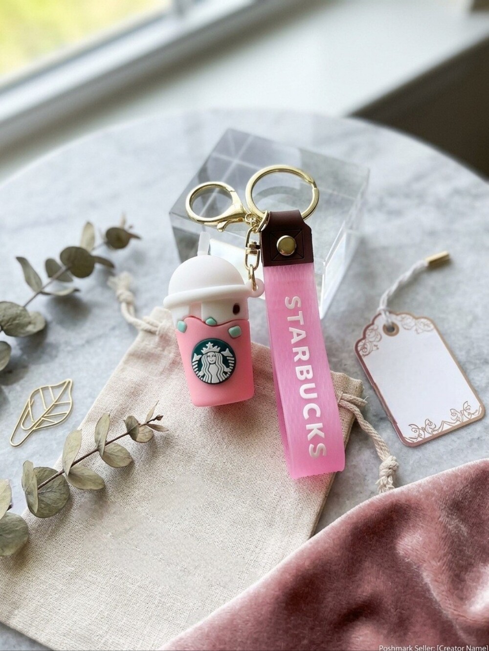 Starbucks Pink and White Mini Cup Keychain with Pink Strap